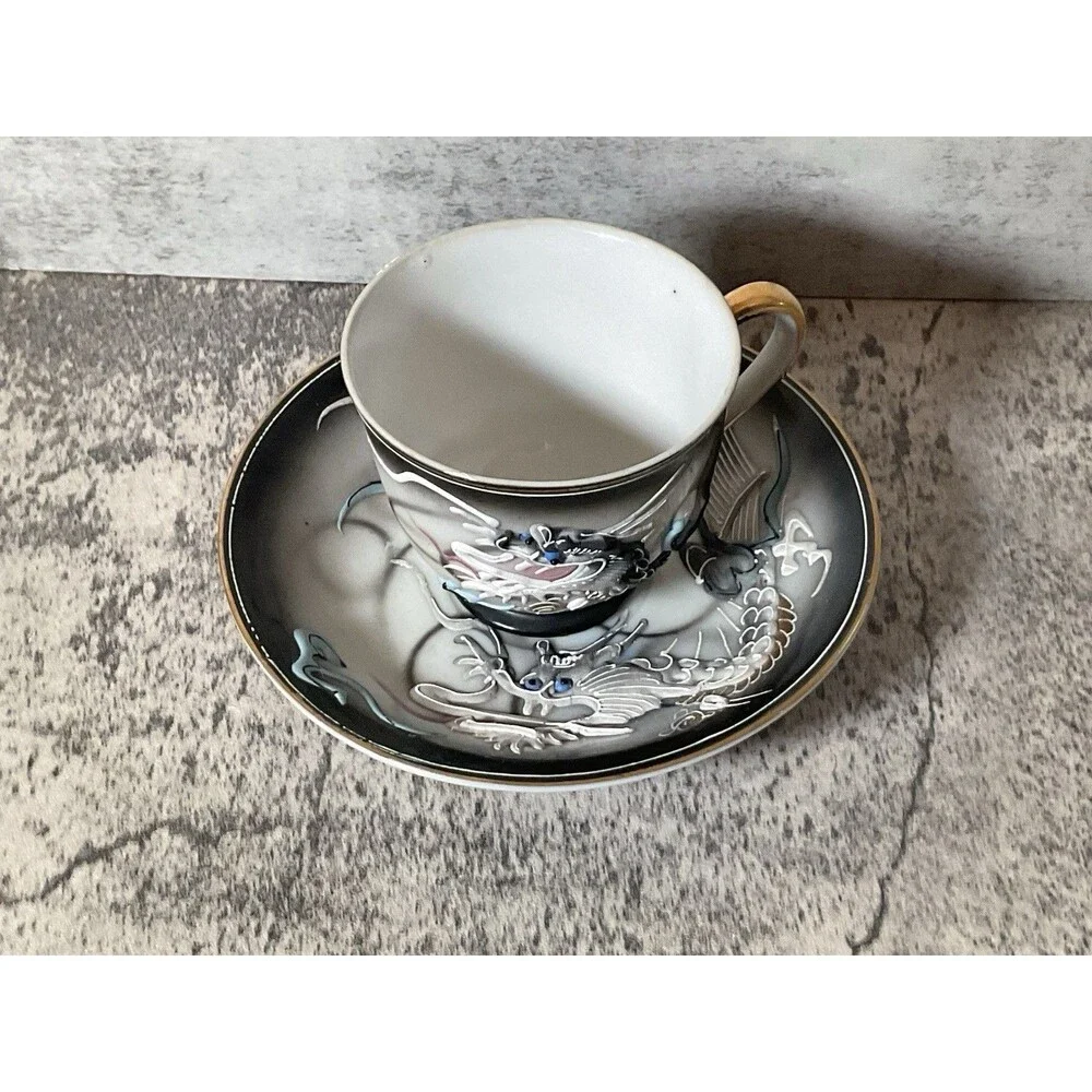 Antique Bone Moriage Raise Oriental Dragon Ware Decorative Espresso Cup & Saucer